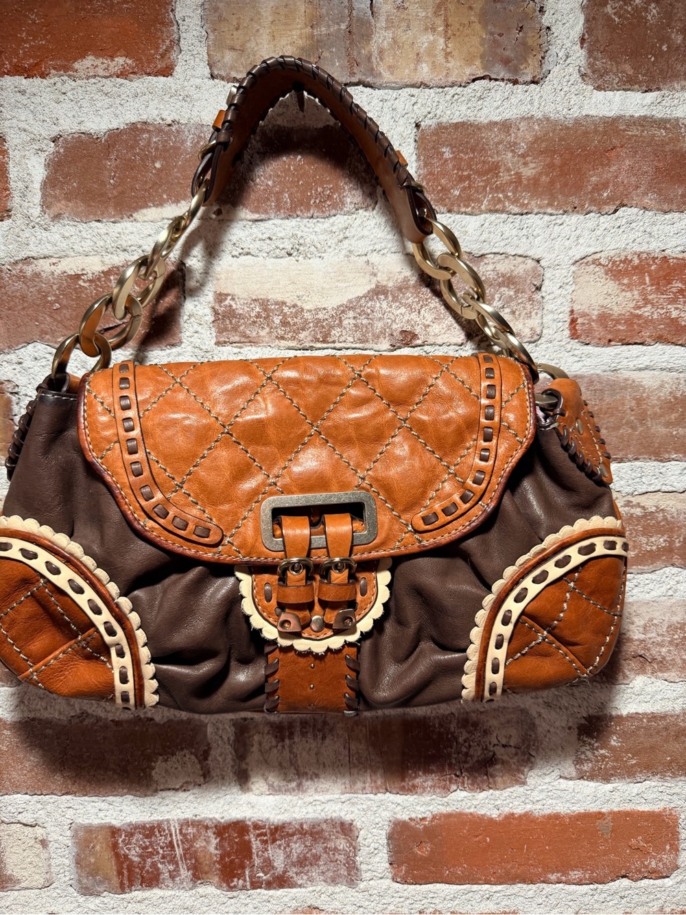 Y2K Juicy Couture Y2K Genuine Leather Quilted Shoulder Bag Brown Tan Whipstitch